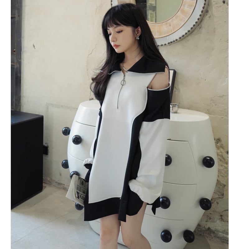 [DEER Choyo Deer Series] ★One piece★ Short length, casual, off-the-shoulder, color scheme Black White Black White S M L XL