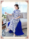 Load image into Gallery viewer, Ao Dai Vietnamese Ethnic Long Dress Side Slit Short Sleeve Stand Neck Dress After-party Bride Thank-you Party Date Invitation Blue Large Size SML XL 2XL 3XL 4XL Dyed Series
