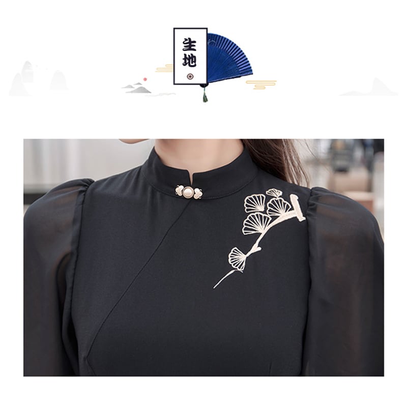 [My Family's Series] ★Chinese-style dress★ Crane embroidery, short sleeves, thong length, A-line, Chinese elements, casual wear, black