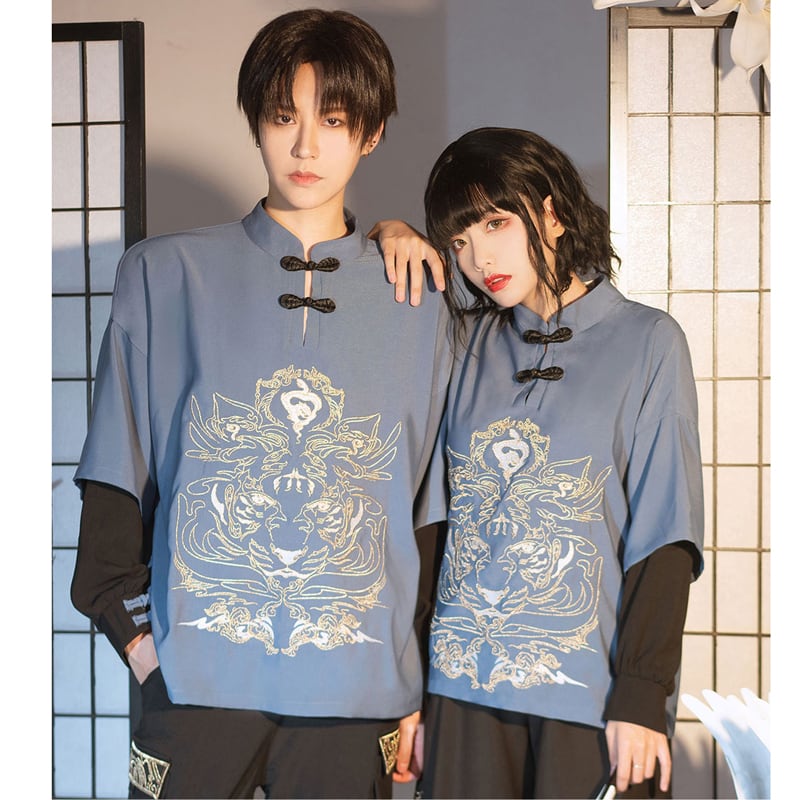 [Kyodo Series] ★China style tops★ Embroidered unisex costume couple clothes men's blue black large size