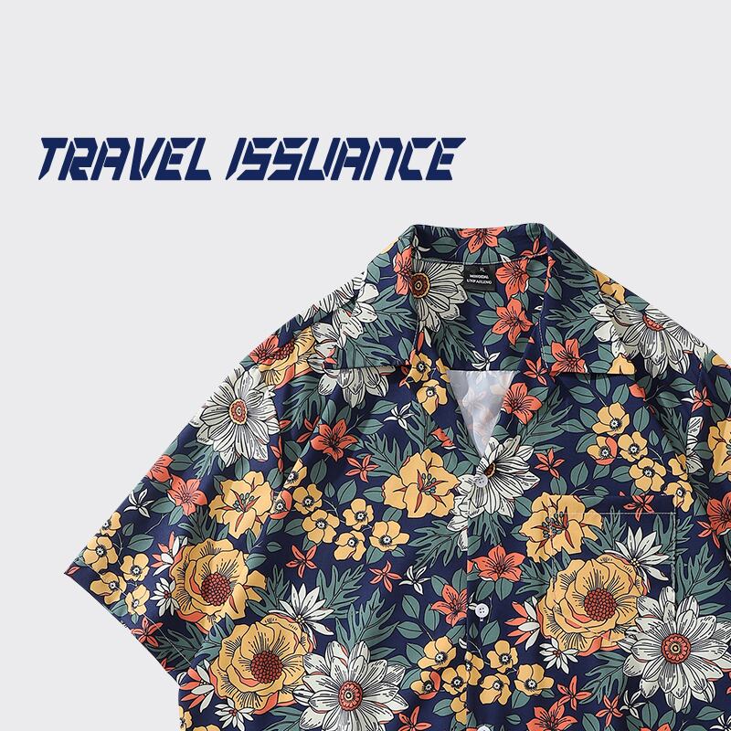 【TRAVEL ISSUANCEシリーズ】★半袖シャツ★ アロハシャツ 沖縄 ハワイ トップス 花柄シャツ 男女兼用 メンズ ゆったり シフォン