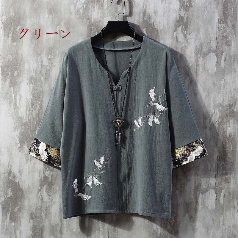 [XUJIA Series]★China style tops★ 3color T-shirt Retro Unisex Men's Casual Wear V-neck Cotton Linen Crane Black Green White