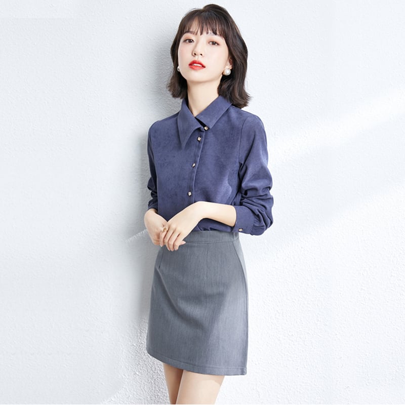 [AISHUMA Series]★Shirt★ Tops Ladies Corduroy Temperament Enhancement Spring Autumn Blue Blue