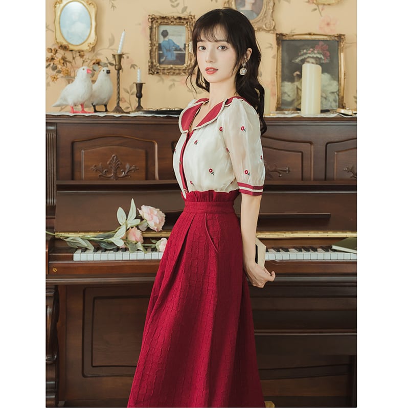 [Jinkyoku Series]★Skirt★ Bottoms Spring/Summer Long Skirt Ladies Retro Red Red SML