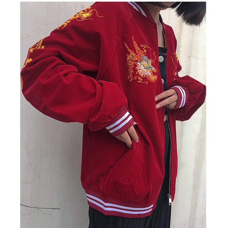 [Forever series]★China style outerwear★2color Black or red Dragon embroidered Dragon Dragon crest Stadium jacket Jacket Sukajan