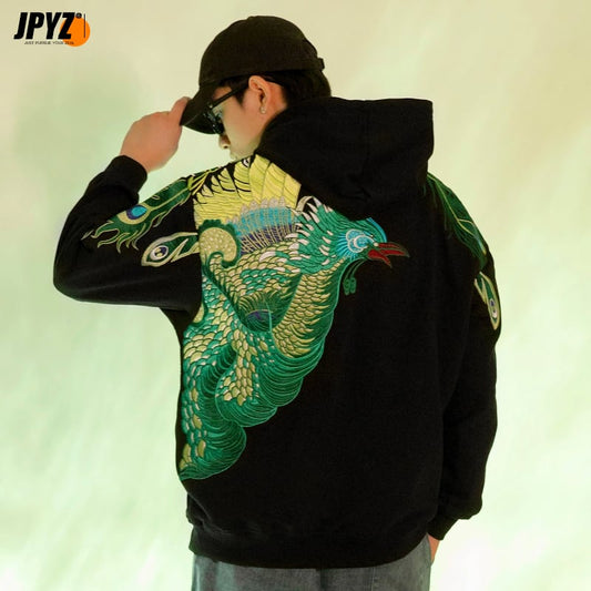 [Machiha clan series] ★Embroidery Chinese style hoodie★ 2color black or white peacock original cool