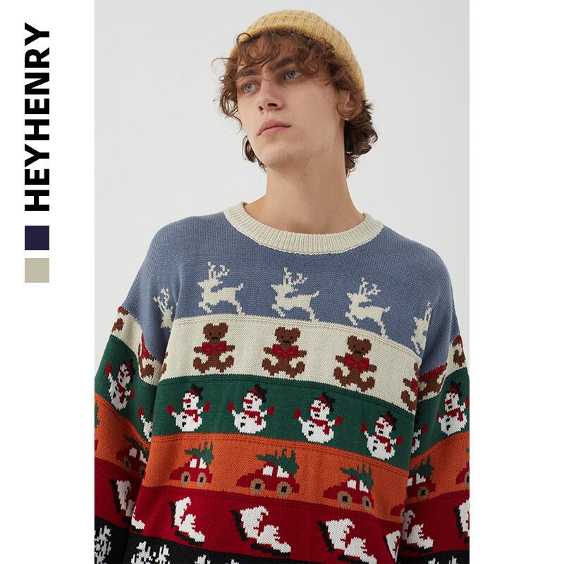 [HeyHenry Series]★Sweater★ 2color Christmas New Year Red Green Blue Deer Pattern Autumn/Winter Men's Couple Clothes Unisex