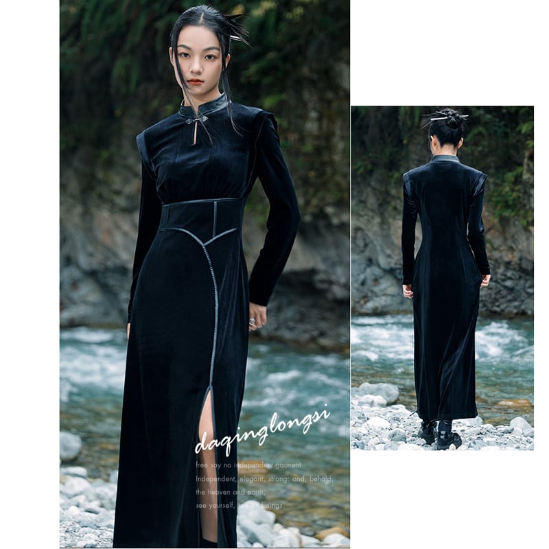 [Da Qinglong Shu Series] ★China-style dress★ Velvet PU switching slimming slit improved cheongsam dress