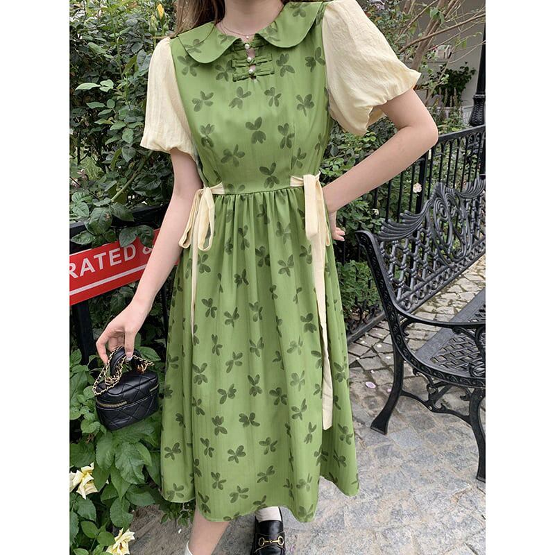 [Dong Xiaojie Series]★China style dress★Floral pattern dress Switchable Cute Large size Green Green