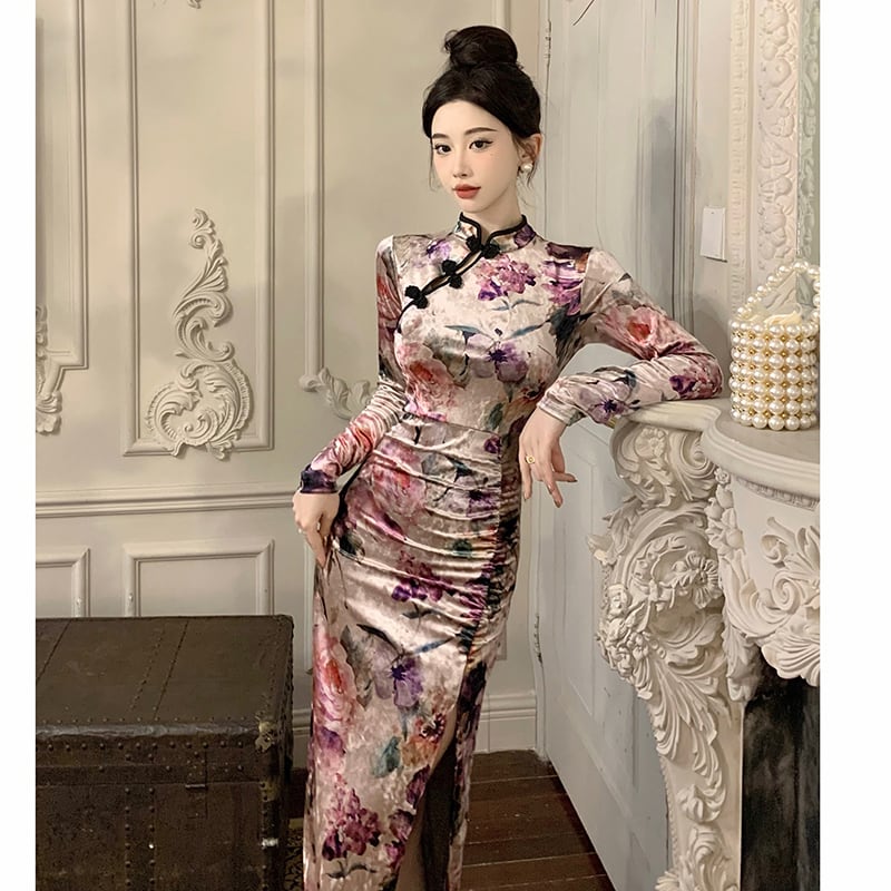 [Hundred Minute Eight Series] ★Floral pattern cheongsam★ Velvet, slimming, sexy, SML, easy to match, improves your temperament