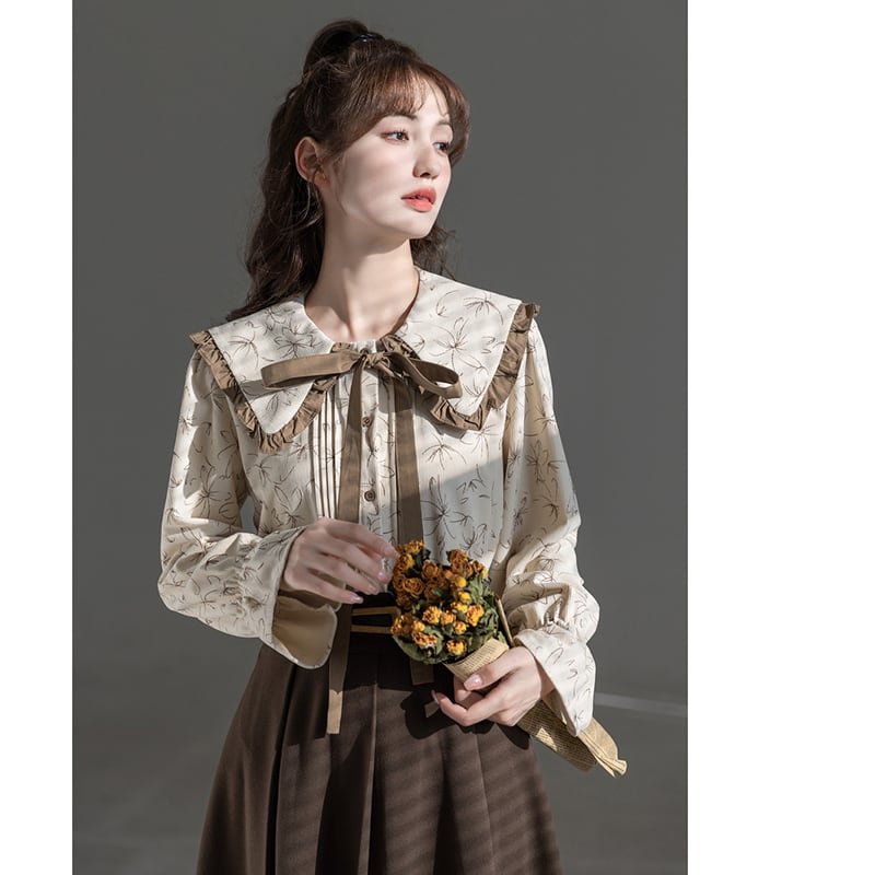 [GUIDUO Series]★Shirt★ Tops, Long Sleeve Shirt, Floral Pattern, Women's, Improves Temperament, Ribbon, Cute, Date, Commuting