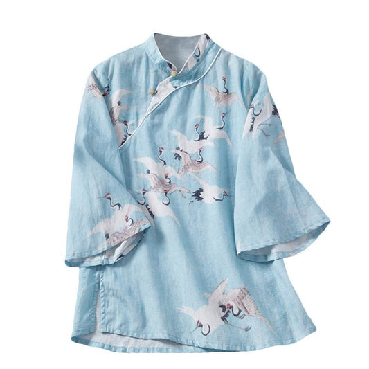 [FEXIAOYUAN series]★China style tops★ Shirt Improved temperament Improved Tang suit Thin Republic style Blue Blue Crane