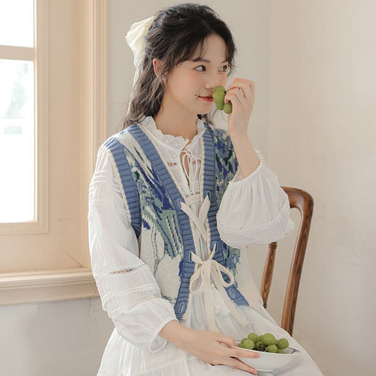 [LIANLISTUDIO series] ★Knit vest★ Oil painting style Easy to match Blue Blue floral pattern Cute SML