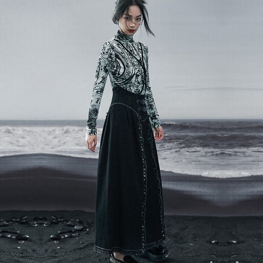 [Da Qinglong Shu Series] ★China style skirt★ Denim skirt bottoms slimming fashion long skirt