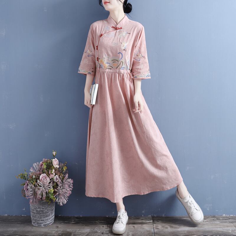 [Qing Series]★Chinese style dress★ 4 colors embroidery cotton linen white yellow blue pink literary style