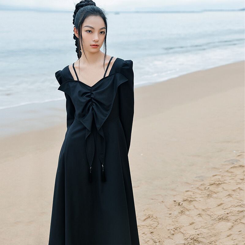 [Big Blue Dragon Series] ★China style dress★ Ribbon dress sexy black long length cute