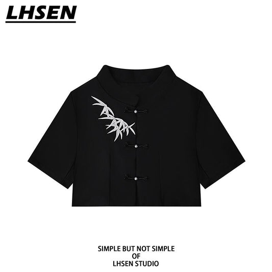 [LHSEN Series]★China-style tops★ Chinese-style shirt, bamboo, bamboo pattern, mini length, slimming, short sleeve, cute