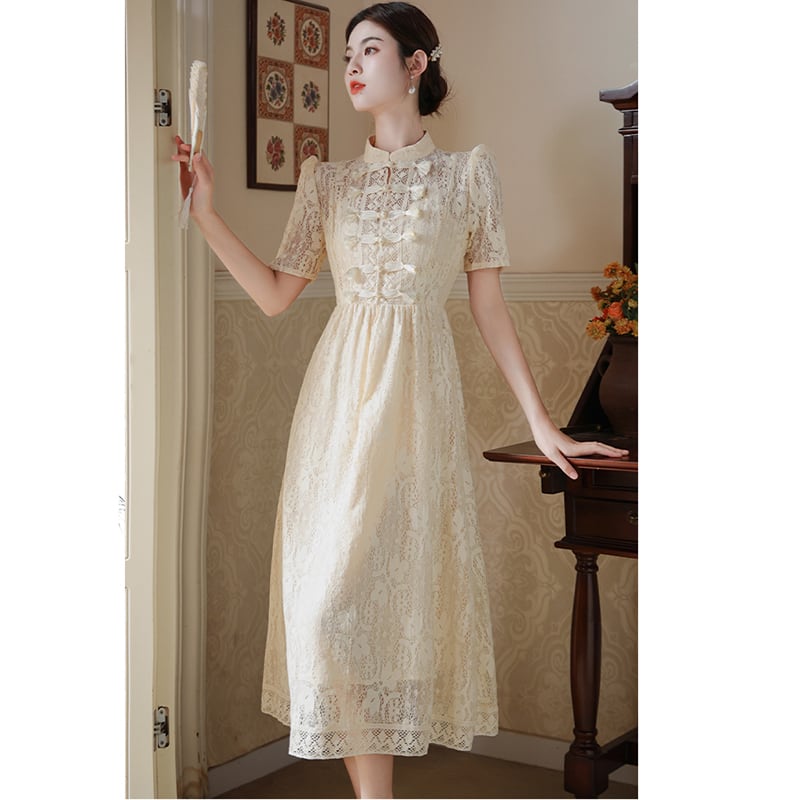 [BAIRIMENG Series]★China style dress★ Lace dress Improved Chinese dress Summer clothes Beige