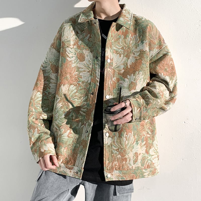 [KADISHOU Series] ★Jacket★ Outerwear 2color Oil Painting Style Floral Pattern Unisex Men's Large Size Blue Green