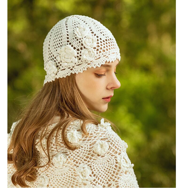 [Flower Series]★Hat★ 4color Cap Knitting Ladies Fashion Beige Light Brown White Black