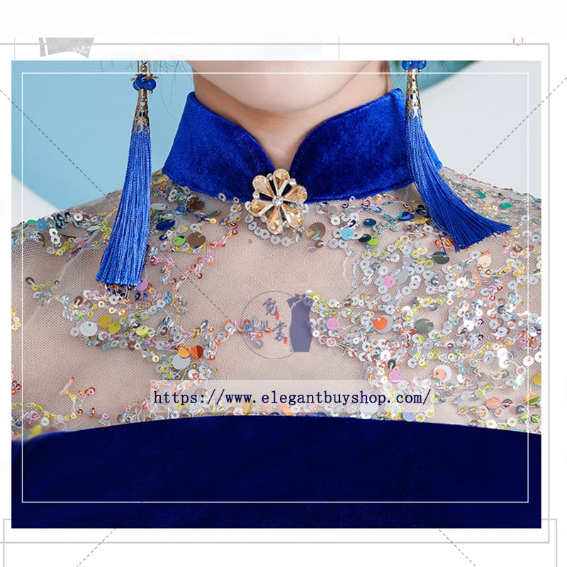 [Encounter dress series] ★Cheongsam dress★ Mermaid line velvet Improves temperament Maxi length Blue Blue Large size