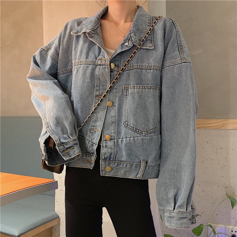 [Mikiko Series]★Denim Jacket★ Outer Jeans Short Length Fashion Easy to Match Blue Blue