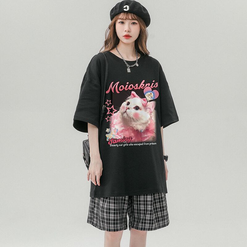 【SENSUシリーズ】★Tシャツ★ 3color トップス 男女兼用 メンズ 夏服 半袖Tシャツ 猫 ベージュ ホワイト ブラック