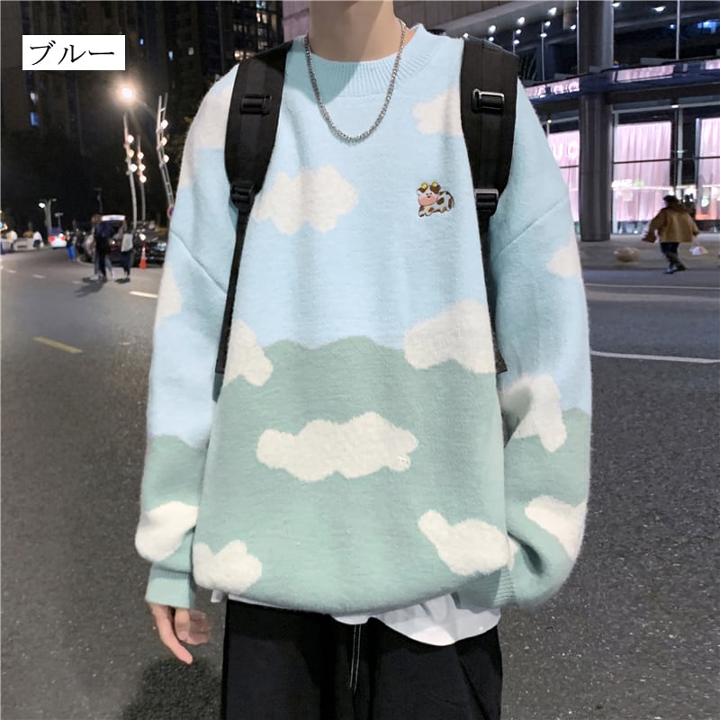 [Tokimi Series] ★Sweater★ 2color Knit Tops Unisex Men's Cloud Cow Blue Blue Color Scheme Cute