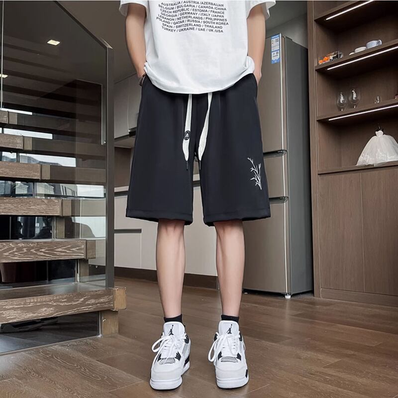 [Leonbinno Series] ★China Style Shorts★ 2color Embroidery Bamboo Casual Shorts Unisex Men's Black Beige