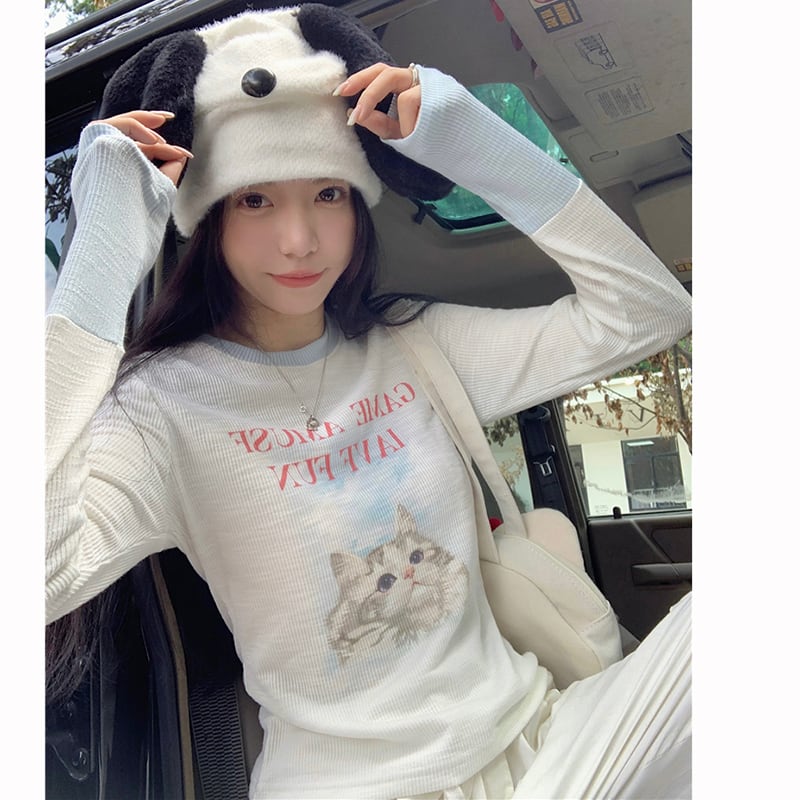 [MEIMEI Series] ★Tops★ T-shirt, long sleeve, cute, stylish, short length, cat, cat, cat