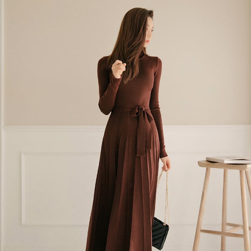 [Fumi Series]★Knit dress★ 2color long length commuting date office OL high neck slim