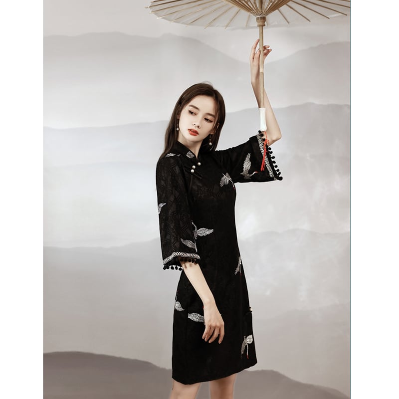 [YUEQIAO Series]★China Dress★ 2color Short Length Chinese Style Dress Crane Lace Chinese Clothes Black Black