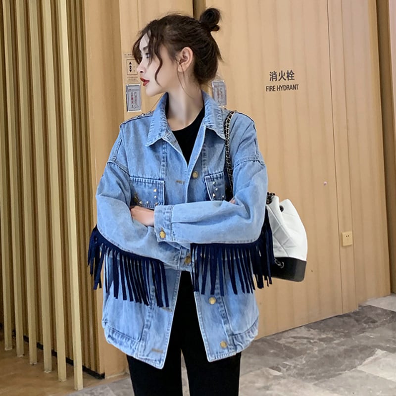 [YOUYA Series]★Jacket★2color Denim Jacket Outer Fringe Embroidery Loose Stylish