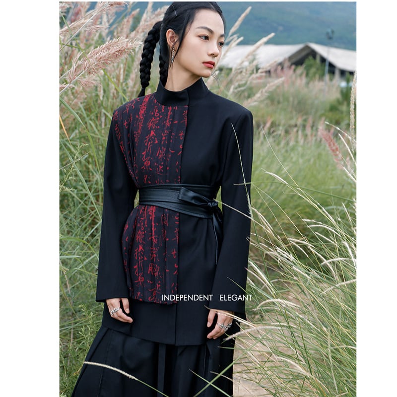 [Big Blue Dragon Series] ★China style coat★ Outer letter pattern black red cool easy to match print