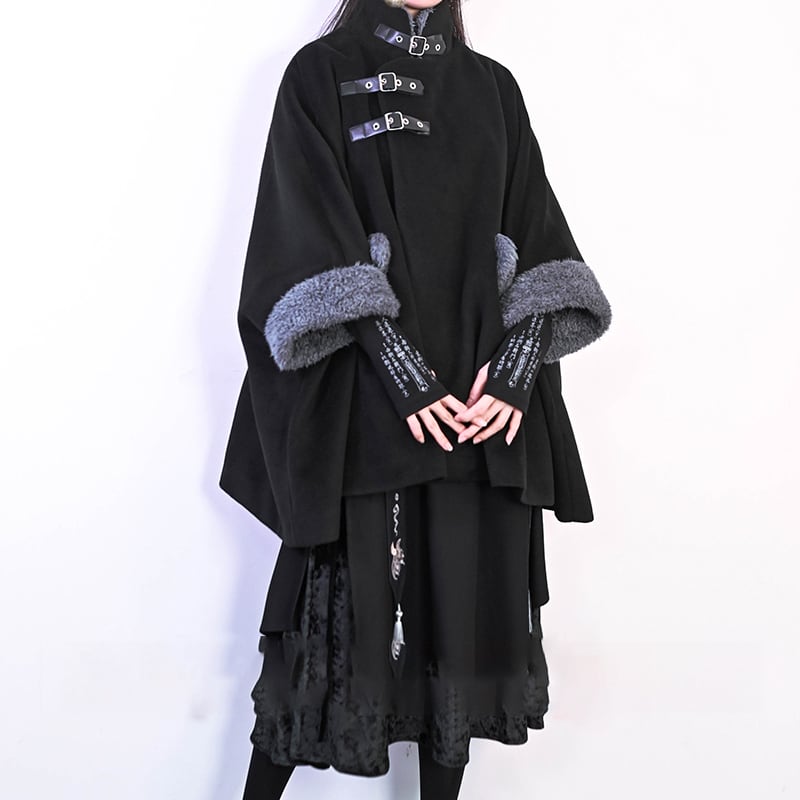 [Ancient monster house---Shanhai Jing Kunlun series] ★China style coat★ Outer coat Lasha loose thick warm black black cloak coat