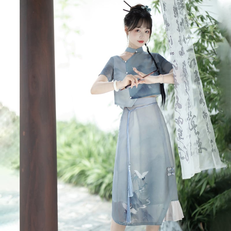 [Dust Smoke Cloud Dream---White Crane Visit Series] ★Chinese style skirt★ Chinese clothes, improved Han clothes, Han clothes skirt, crane, ink pattern