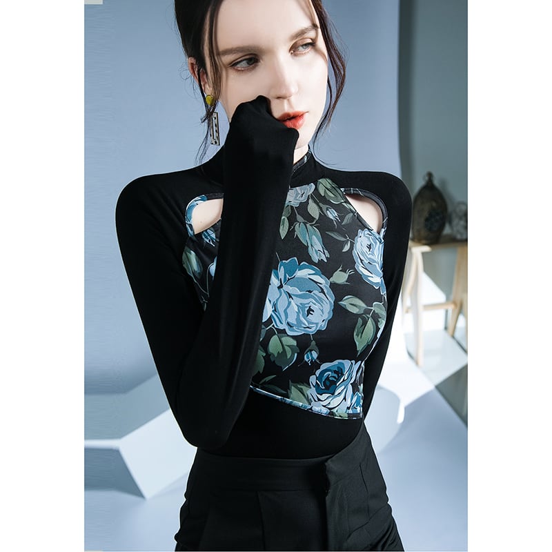 [ZHUOYAN Series]★China style top★ T-shirt, switching, floral pattern, long sleeve, sexy, slim, slimming, easy to match