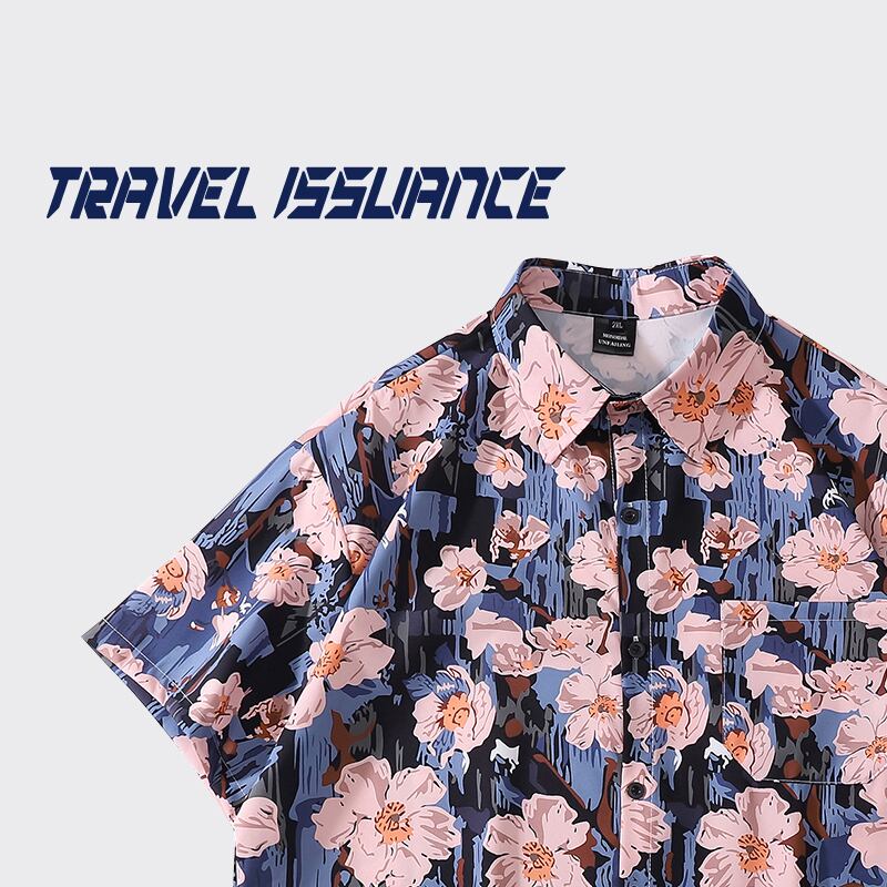 【TRAVEL ISSUANCEシリーズ】★レトロ シャツ★ 花柄シャツ 男女兼用 メンズ 海辺 旅行 撮影 ブルー 青い 可愛い 合わせやすい