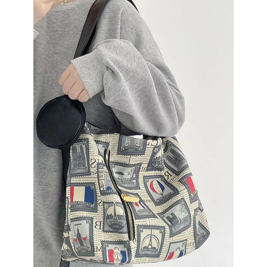 [Mokujin series] ★Shoulder bag★ Shoulder bag, handheld, large capacity, retro, cute, date, improves temperament, print