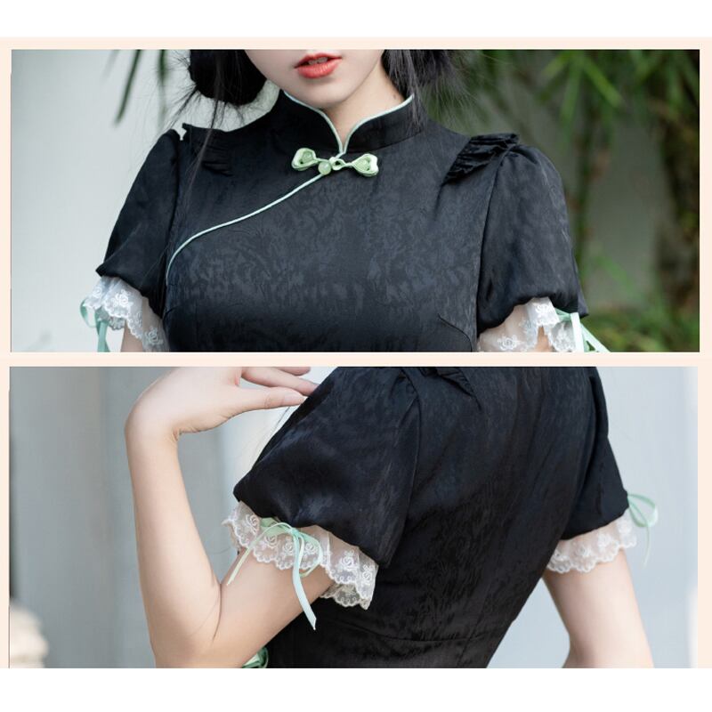 [Shukunsho Series] ★Chinese style dress★ Improved cheongsam dress Black Black Hanfu dress