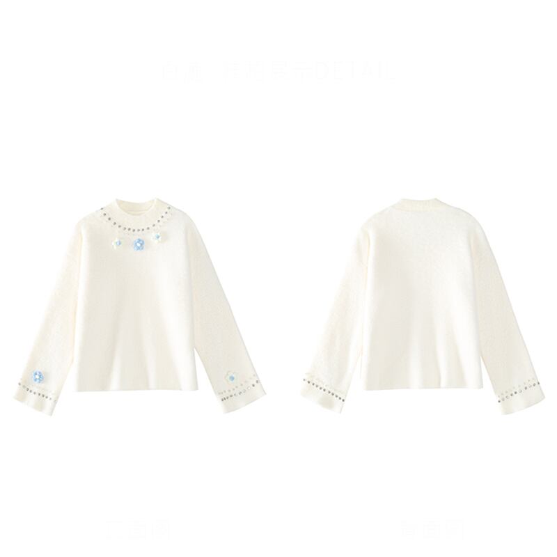 [Shirashu Series] ★Sweater★ Tops, Ladies, Stylish, Easy to match, White, Cute, 3D floral pattern