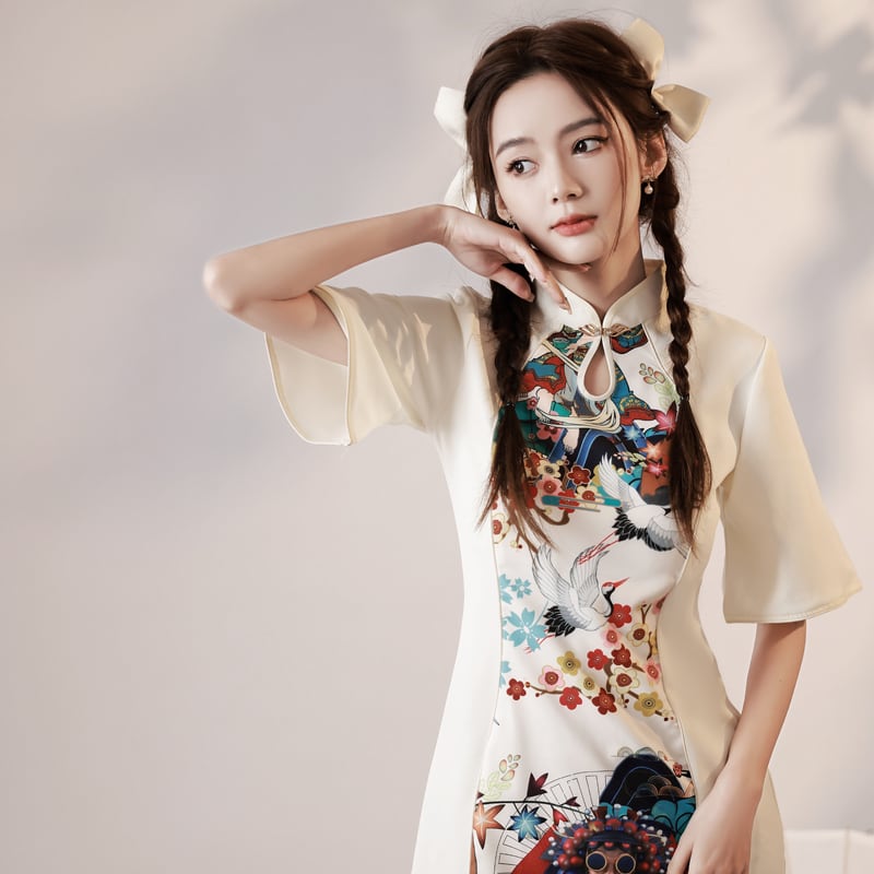 [YUEQIAO Series]★China Dress★ 4color Short Length Chinese Style Dress Crane Chinese Clothes Switching Cute