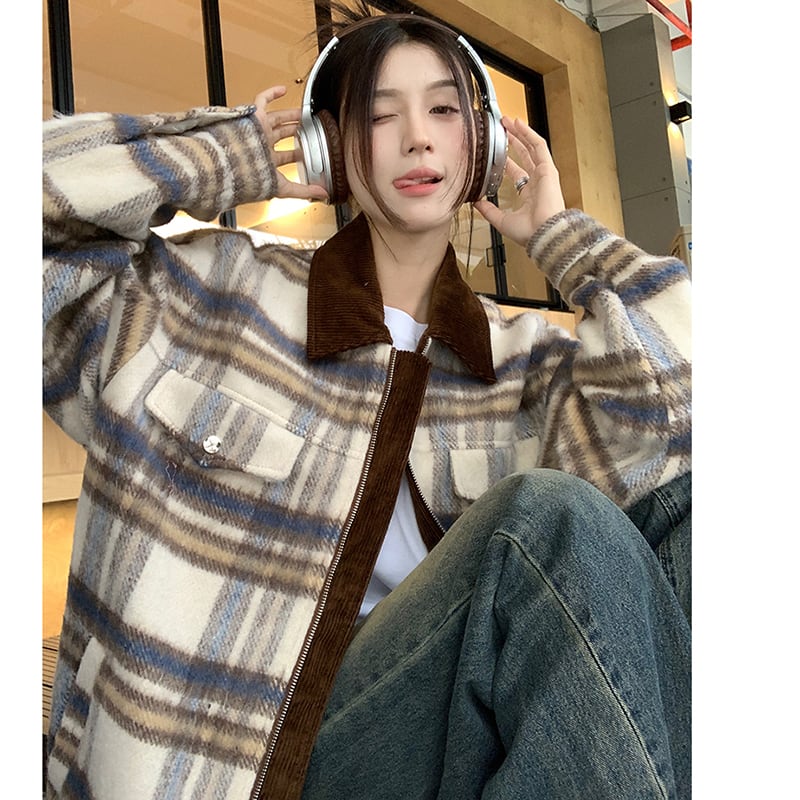 [Yuyiyeon Spicy Series] ★Outerwear★ Plaid Jacket Switching Casual Retro Easy to Match