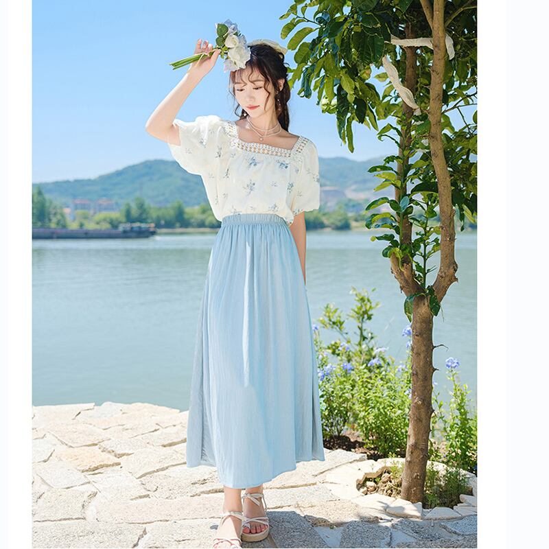 [Shirasu Series] ★Skirt★ Bottoms 2color Elastic Waist Plain Ladies Date Improves Temperament Easy to Match Simple Blue Pink