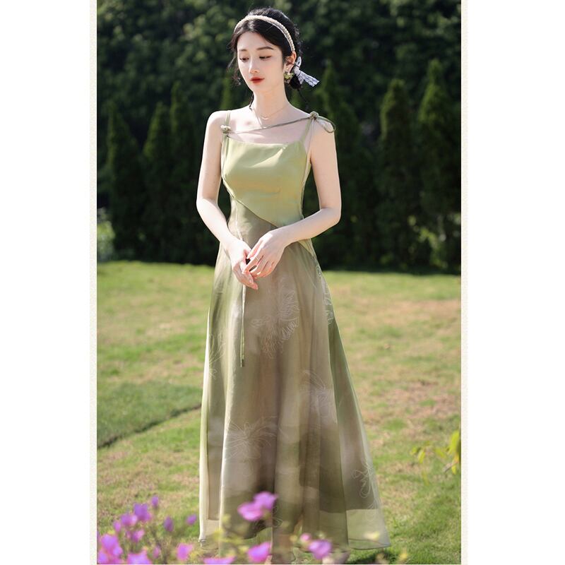 [Az Suna Series]★Setup★ Thin outerwear + hanging dress, Republic style, Green, Improves temperament, Wedding