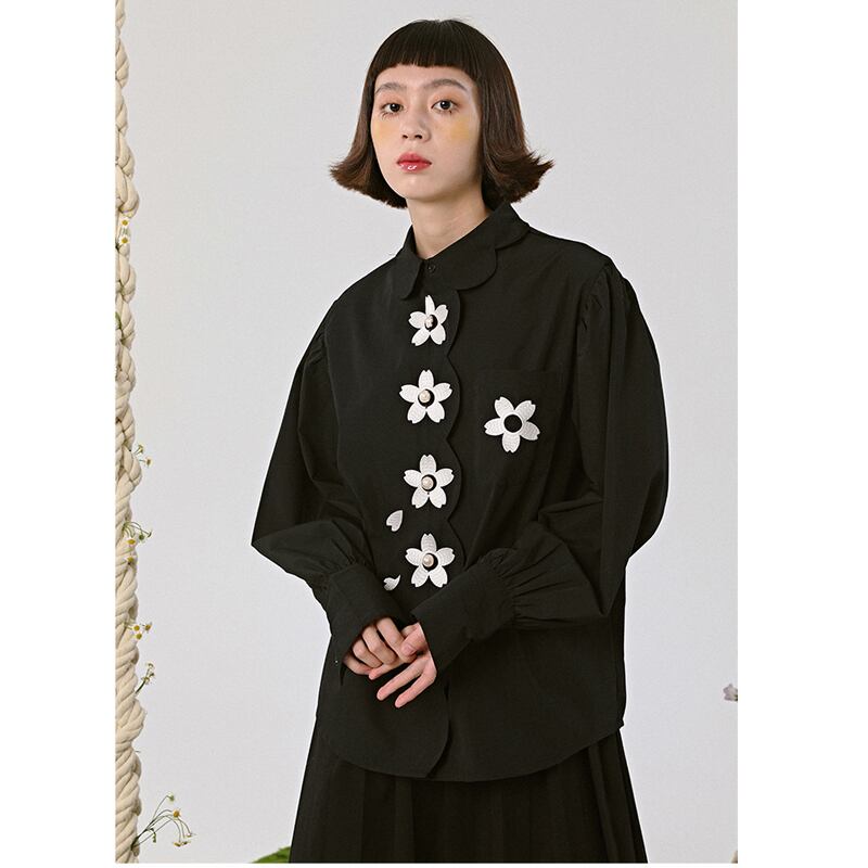 [Yangji Great Dream Series]★Shirt★ Tops Embroidery Original Retro Temperament Enhancement Long Sleeve Shirt Black Black