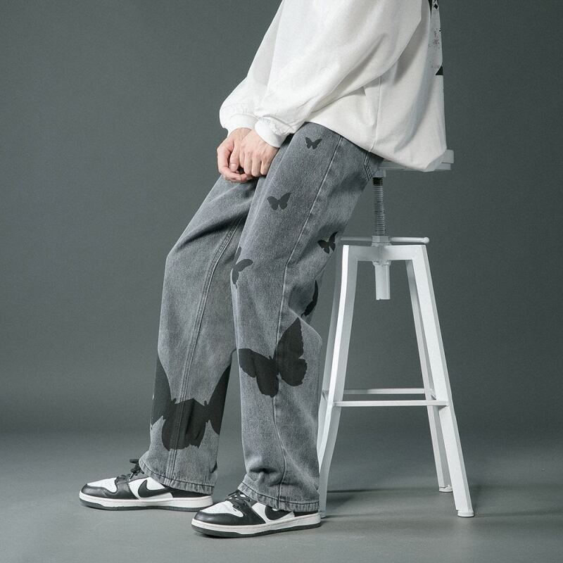 [Snow Qiongsi Series]★Denim Pants★ 2color Bottoms Pants Unisex Men's Butterfly Print Unique Black Blue