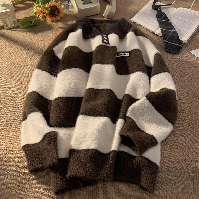 [PPG Series]★Sweater★ 3color Knit Tops Horizontal Striped Pattern POLO Neck Unisex Men's Green Gray Brown