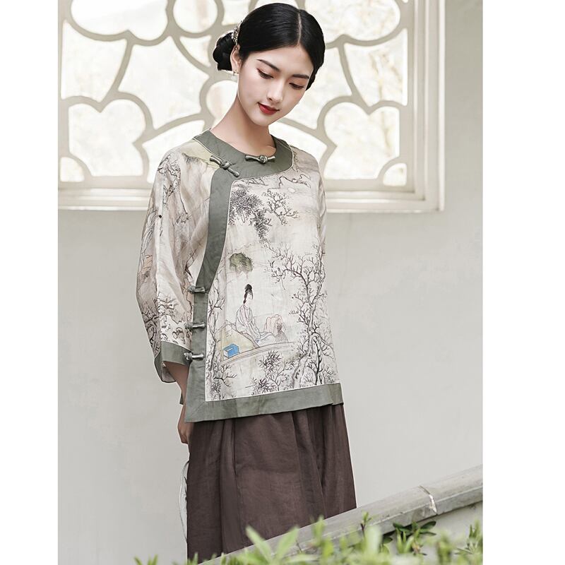 [Mingsho Series]★China style tops★ Shirt Improves temperament Improved Tang suit Loose print Retro Summer clothes