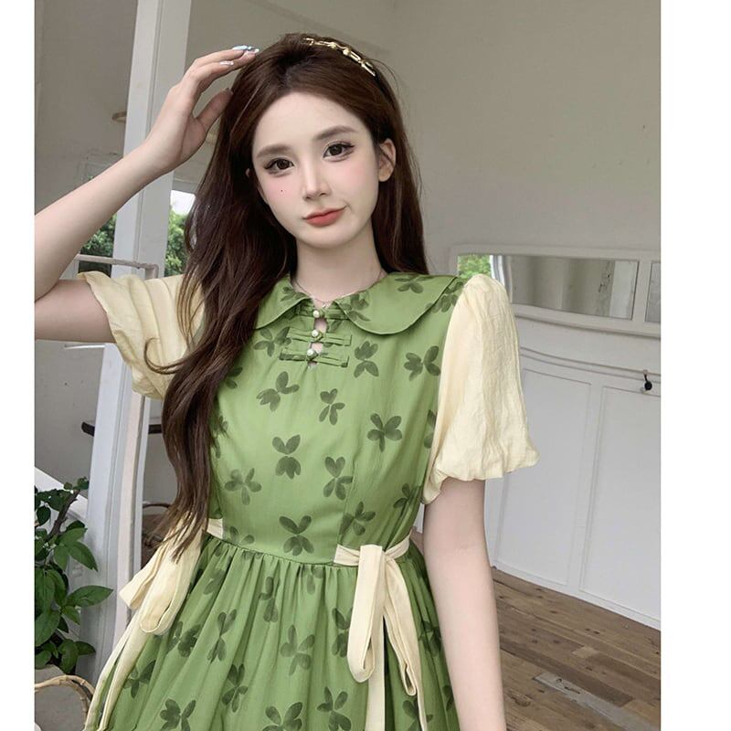 [Dong Xiaojie Series]★China style dress★Floral pattern dress Switchable Cute Large size Green Green